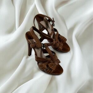 Miu Miu leather T-strap heeled sandals peep toe bow detail y2k designer boho